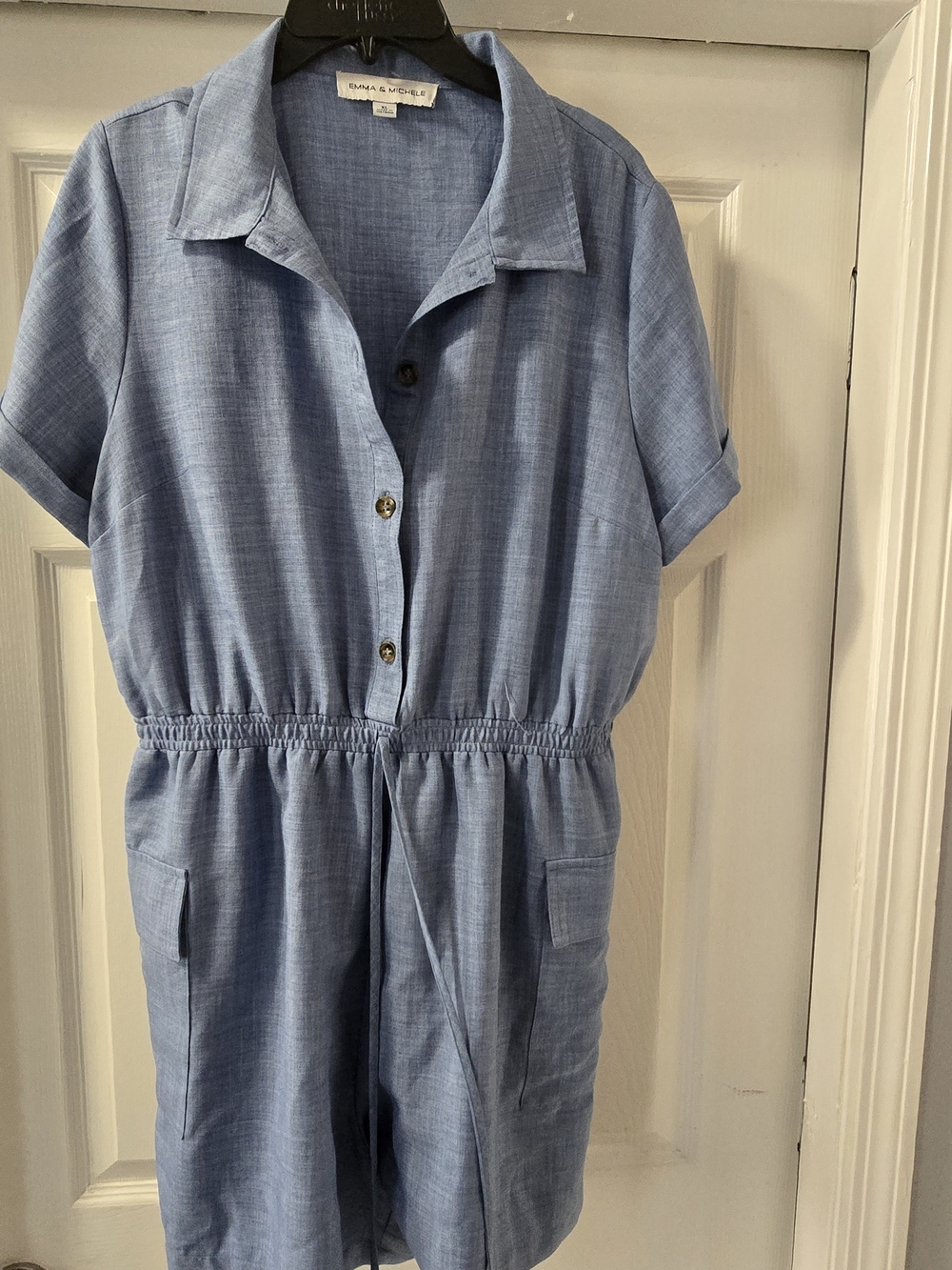 Xl Emma & Michele Blue Short-Sleeve Womens One-Piece Romper with Pockets
